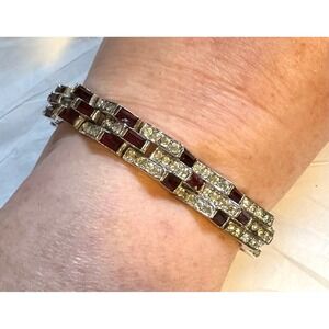 1950's Mazer Bracelet Silver Tone w/ Red & Clear Rhinestones